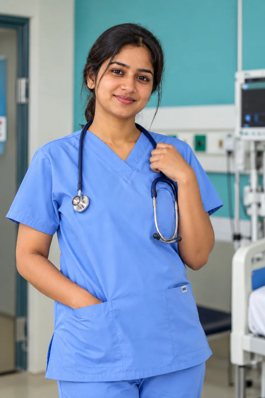 A smiling Indian nurse in blue scrubs with a stethoscope